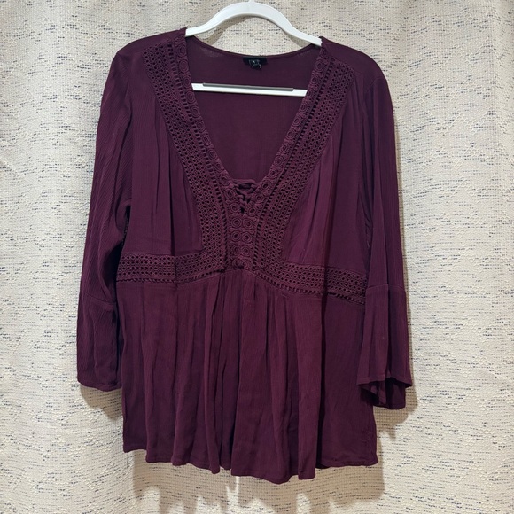 Torrid Burgundy Long Sleeve Blouse with Crochet and Lace Detail - Picture 2 of 5
